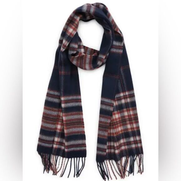 Nordstrom NWT Cashmere & Wool fringe scarf 12"W x 73"L navy blazer magic tartan - Picture 1 of 3